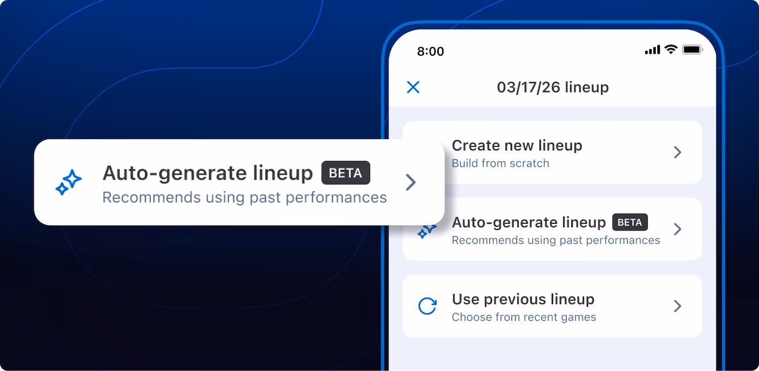 Mobile app screen with options to create, auto-generate, or use previous lineup for 03/17/26 game.