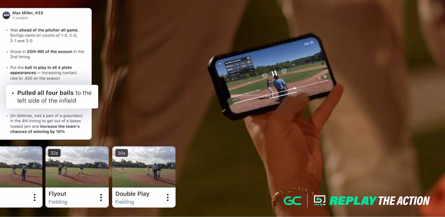 Hand holding phone showing paused baseball game with player insights and video clip thumbnails below.
