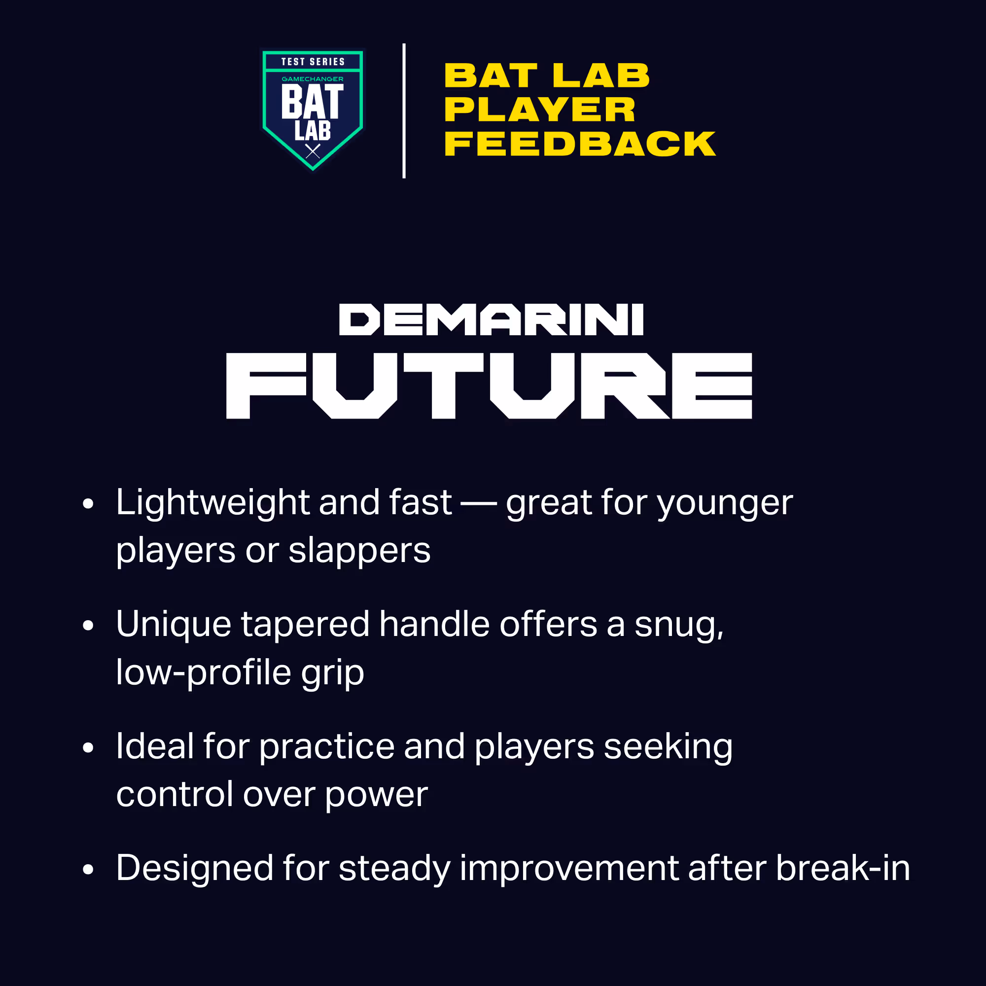 Bat Lab Player Feedback card for DeMarini Future bat with key features listed in white text on black.