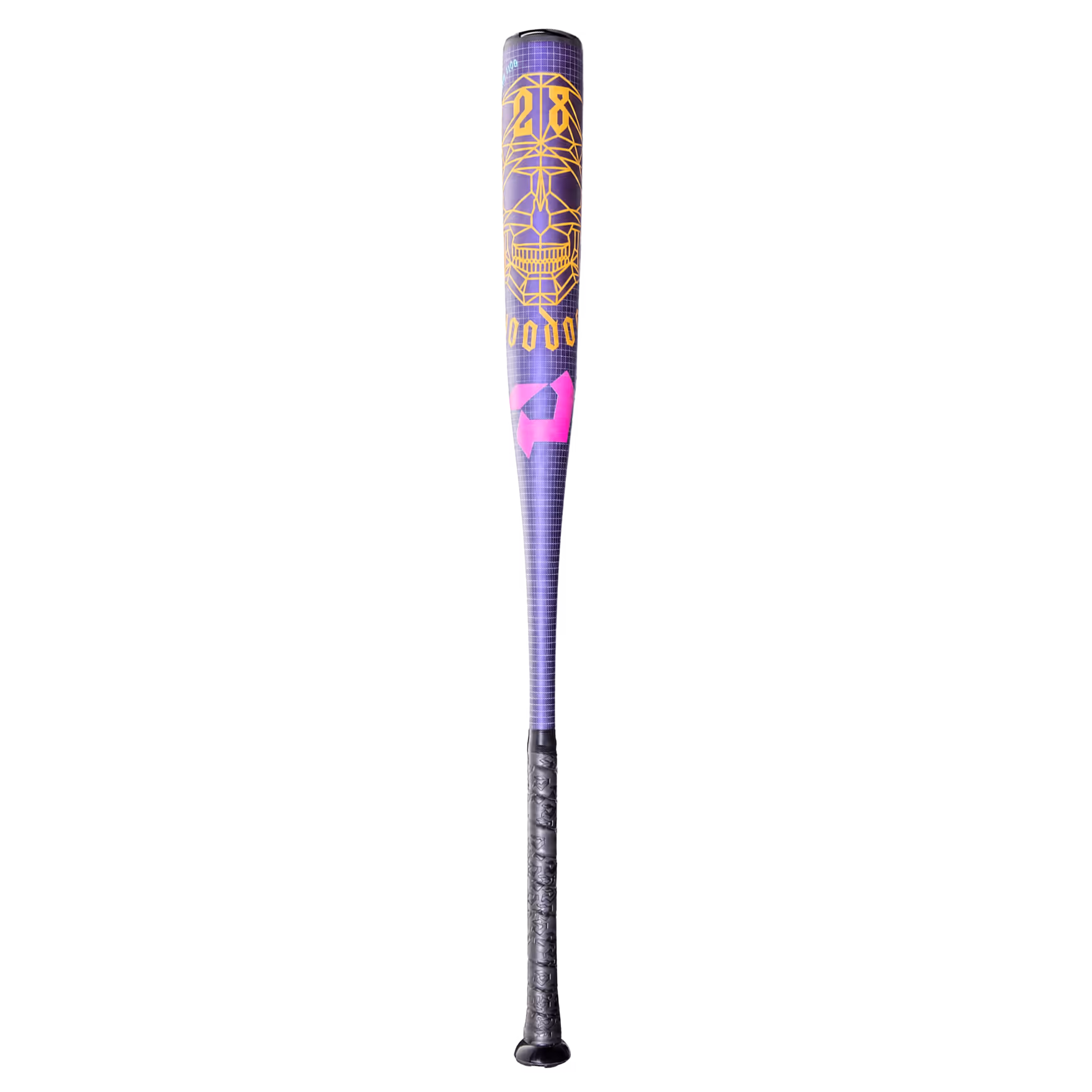 Purple and black baseball bat with geometric skull design and pink logo on the barrel.