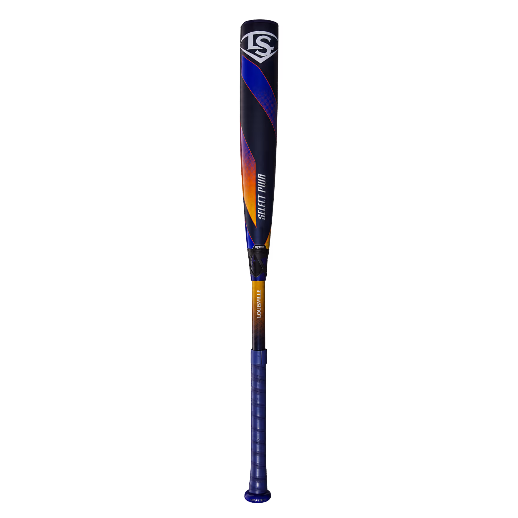 Louisville Slugger Select PWR baseball bat with blue grip and black, blue, and orange barrel.