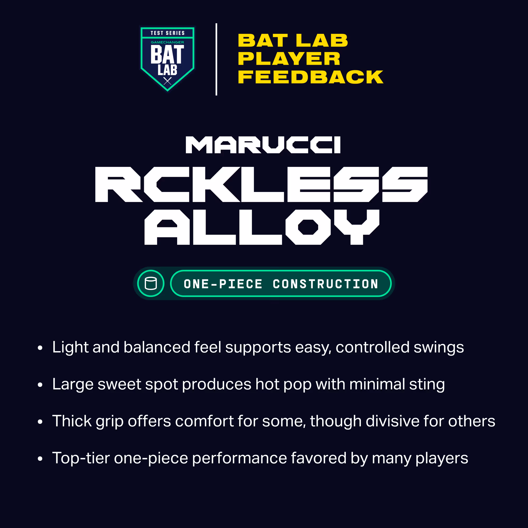 Bat Lab Player Feedback for Marucci Reckless Alloy one-piece bat: light, balanced, large sweet spot, thick grip varies.
