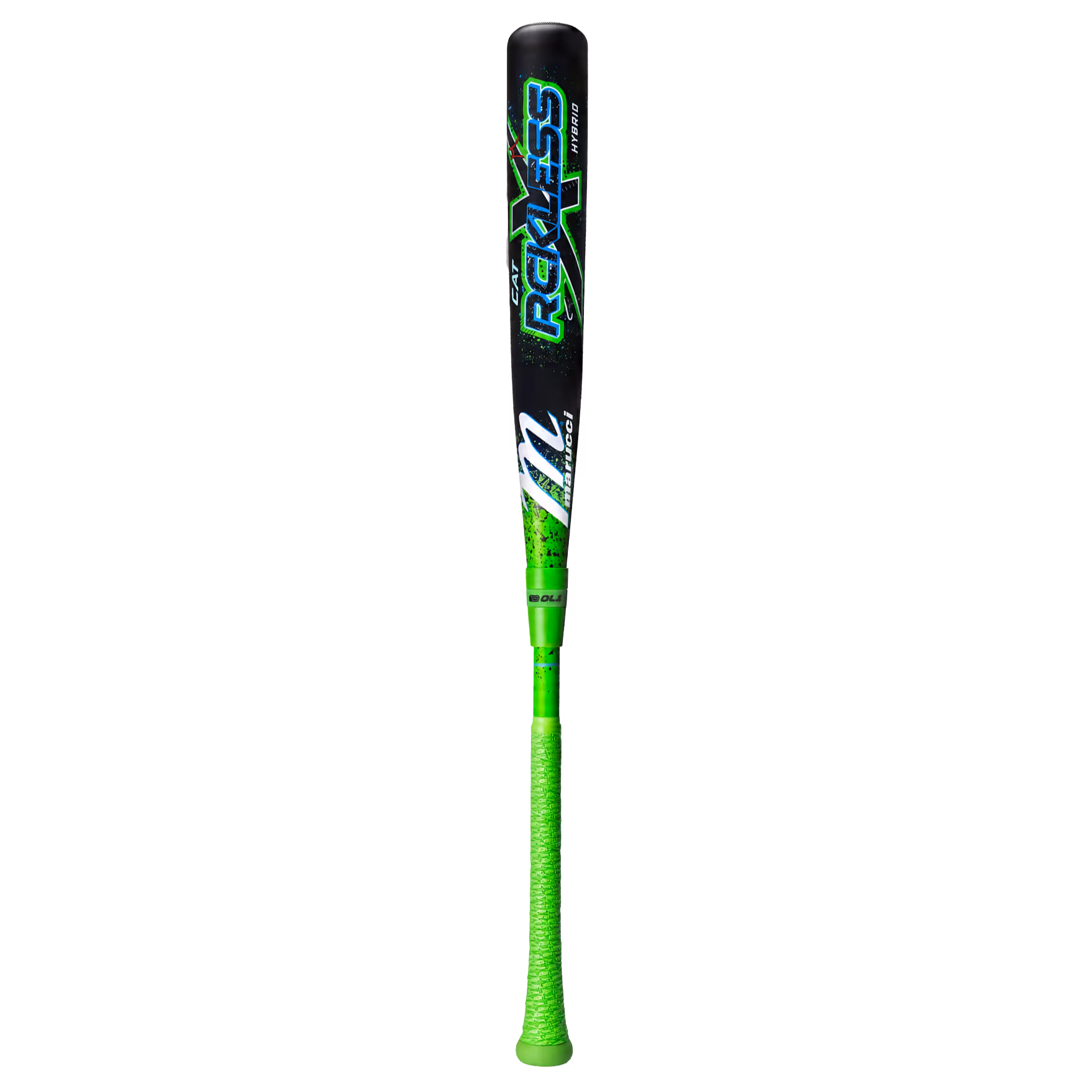 Black and neon green Marucci CAT RCKLESS Hybrid baseball bat with green grip.
