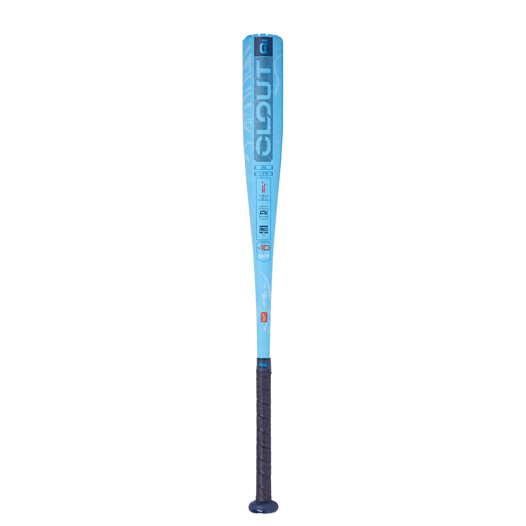 Light blue Rawlings Clout AI baseball bat with black grip and various branding logos.
