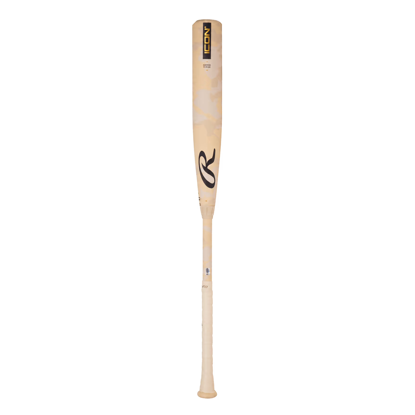 Tan wooden baseball bat with Rawlings logo and ICON branding near the top.