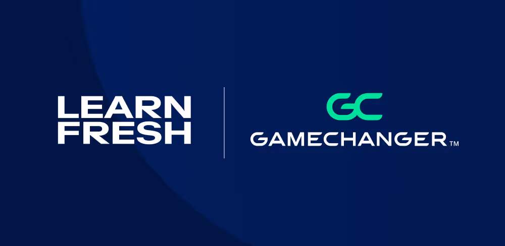 Learn Fresh logo on left with vertical line, GameChanger logo and text with green GC on right on dark blue background.