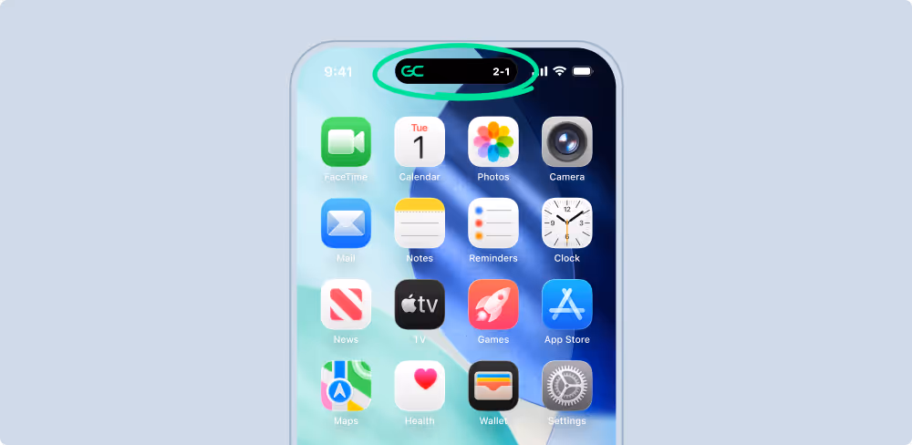 Top of iPhone screen showing app icons with a green-circled live activity in status bar reading GC 2-1.