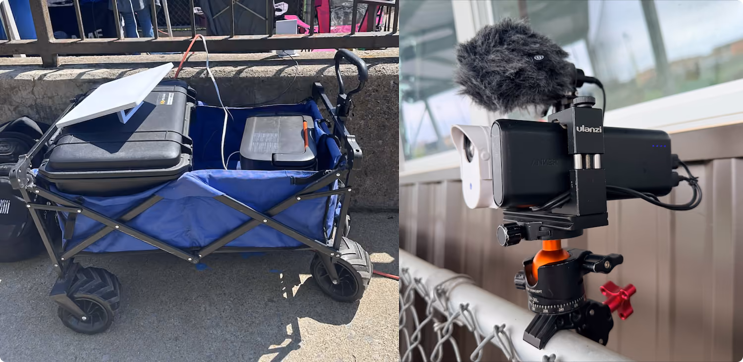 Portable live streaming camera setup with microphone mounted on an orange tripod clamp on a railing.