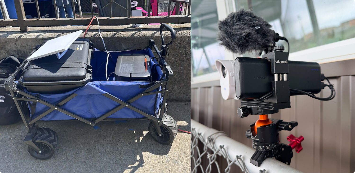 Portable live streaming camera setup with microphone mounted on an orange tripod clamp on a railing.