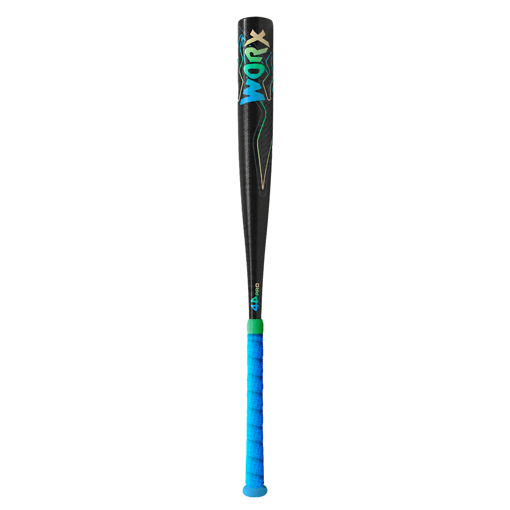 Black WORX baseball bat with blue grip and green accent near handle.