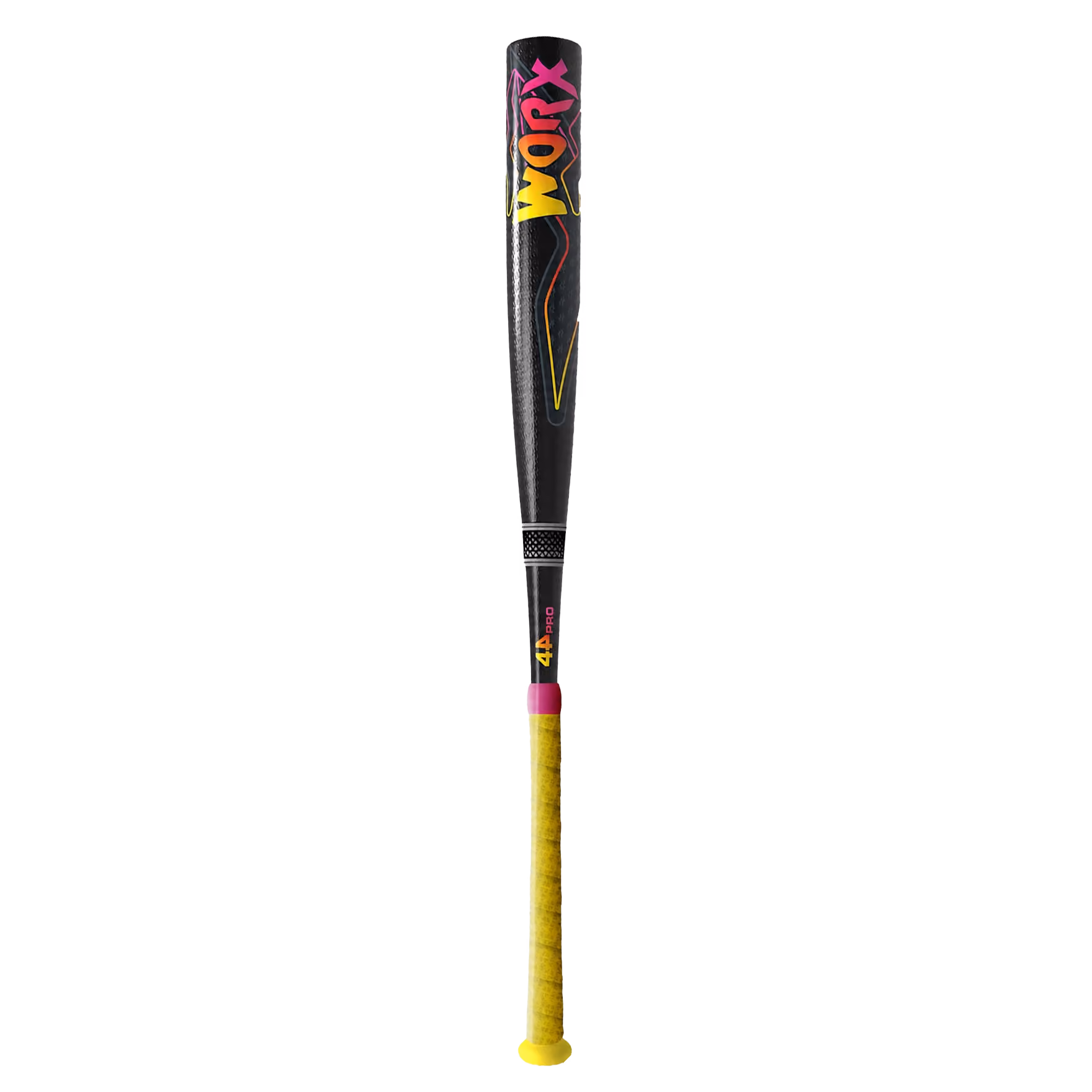Black WORX 44 Pro baseball bat with yellow grip and multicolor logo on a transparent background.