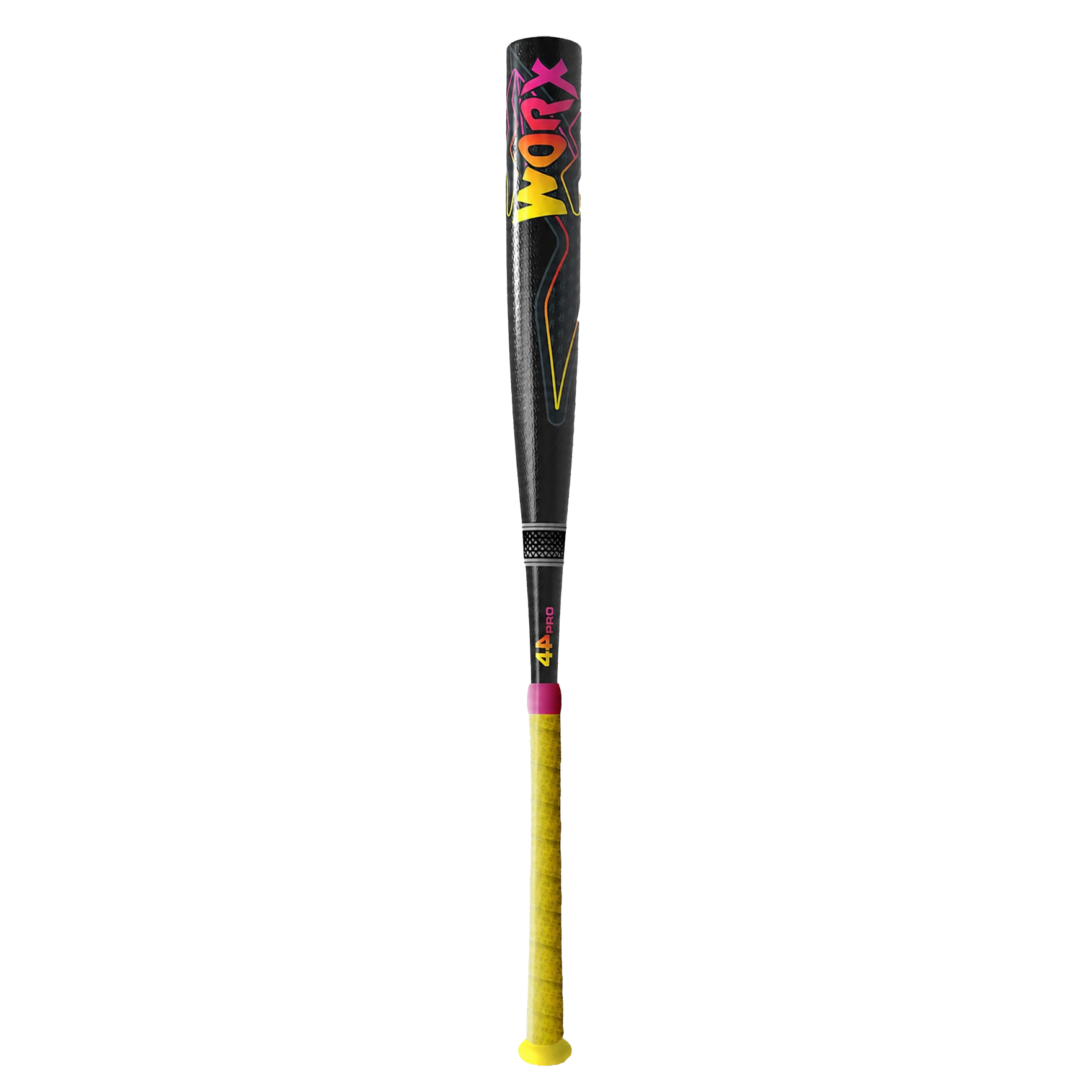 Black WORX 44 Pro baseball bat with yellow grip and multicolor logo on a transparent background.