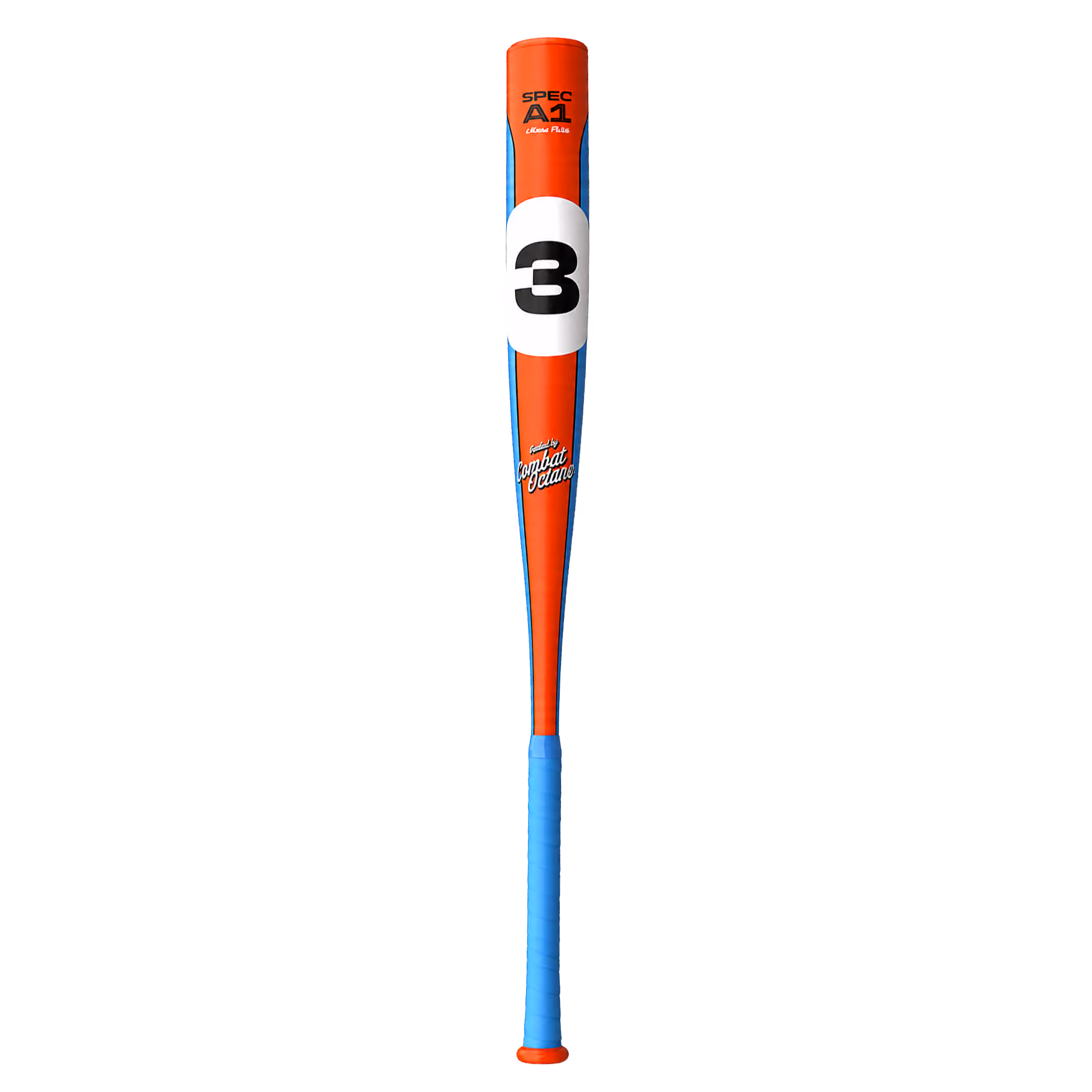Orange and blue baseball bat with number 3 and Spec A1 branding on the barrel.