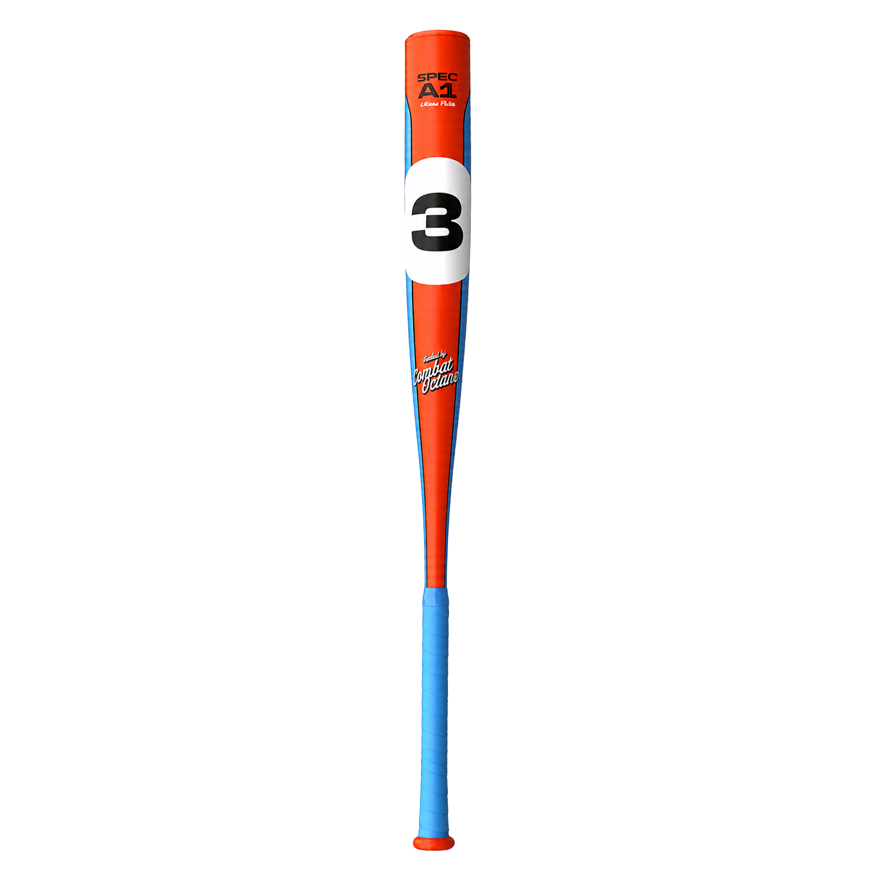 Orange and blue baseball bat with number 3 and Spec A1 branding on the barrel.