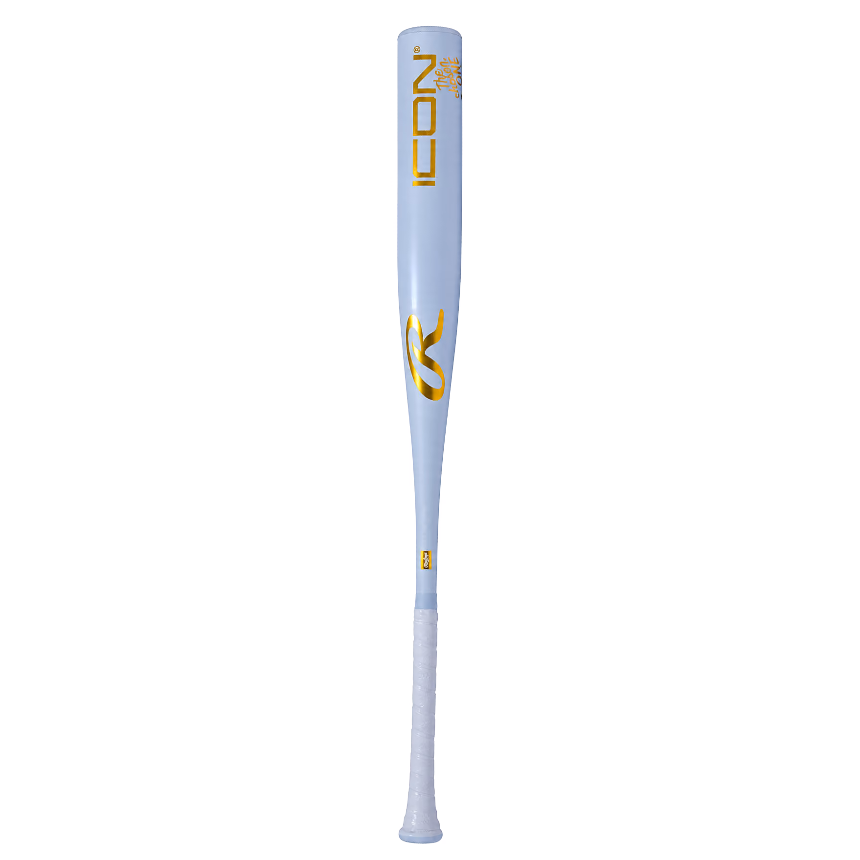 Light blue Rawlings ICON baseball bat with gold lettering and white grip tape on a transparent background.
