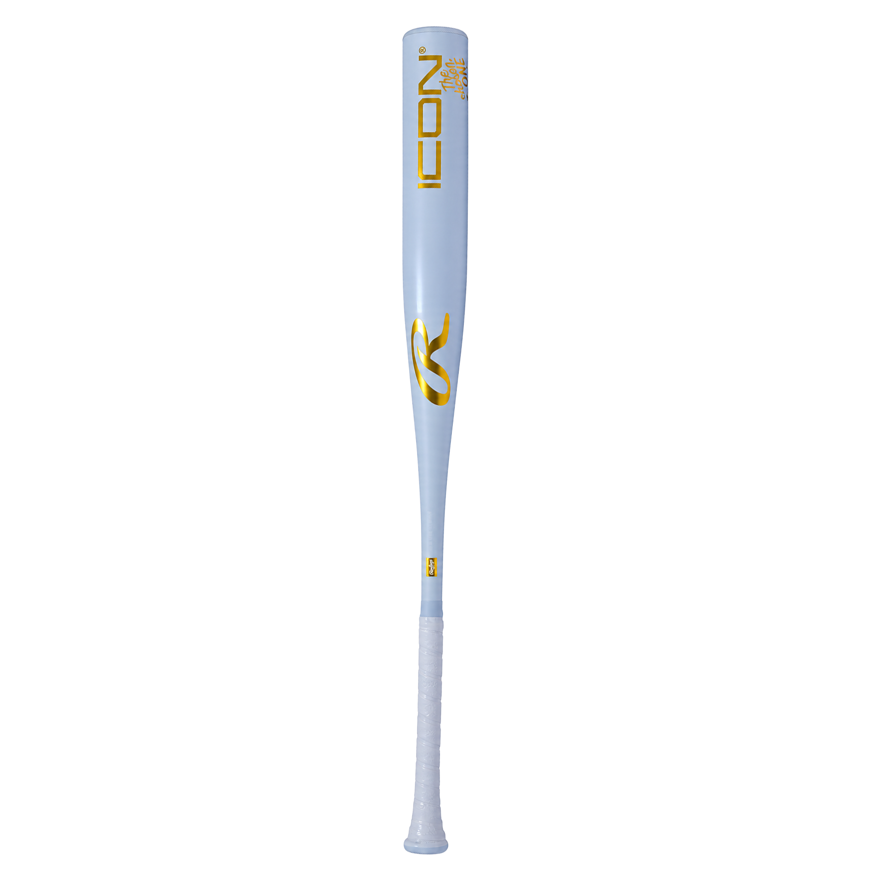 Light blue Rawlings ICON baseball bat with gold lettering and white grip tape on a transparent background.