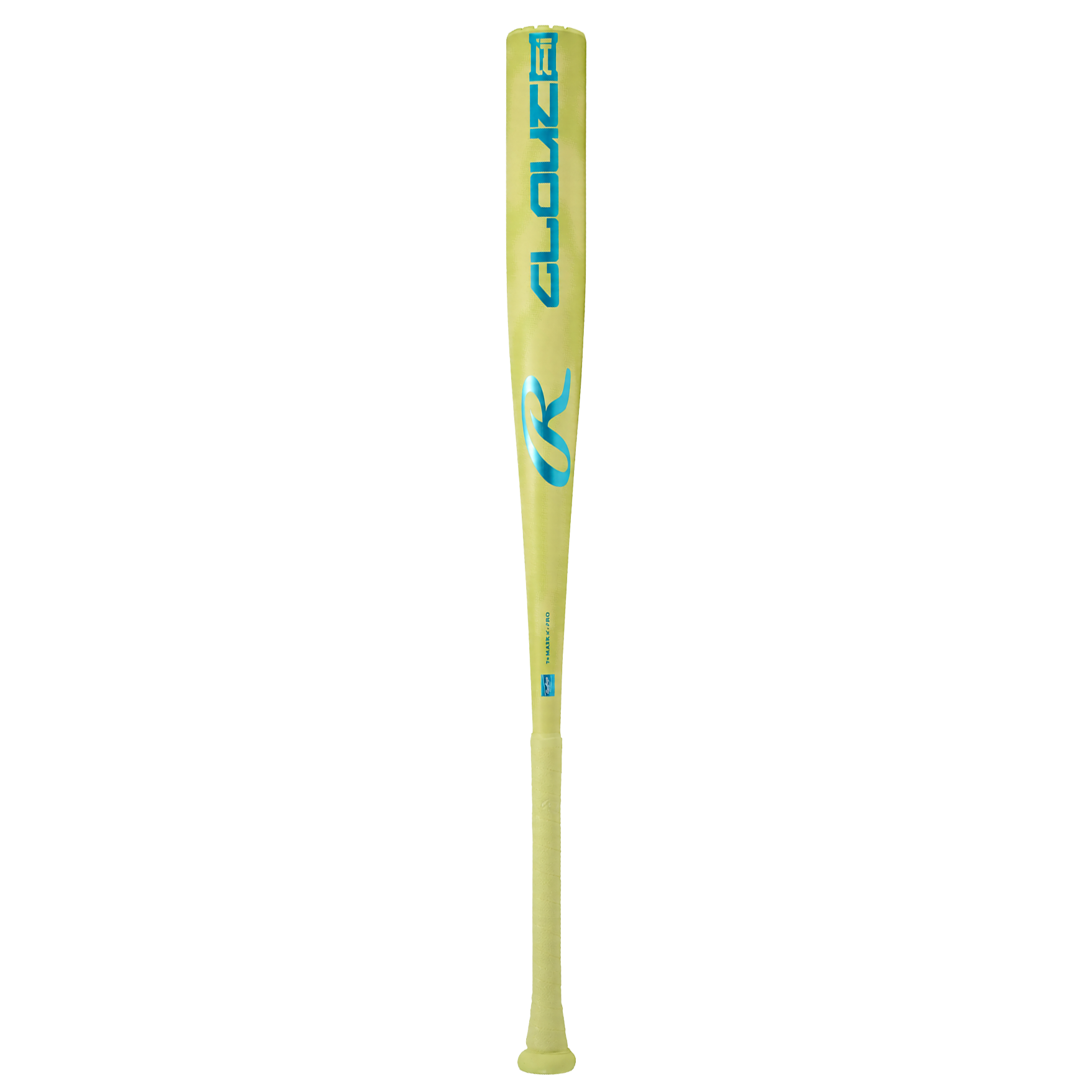 Yellow Rawlings Clout baseball bat with blue lettering and grip on transparent background.