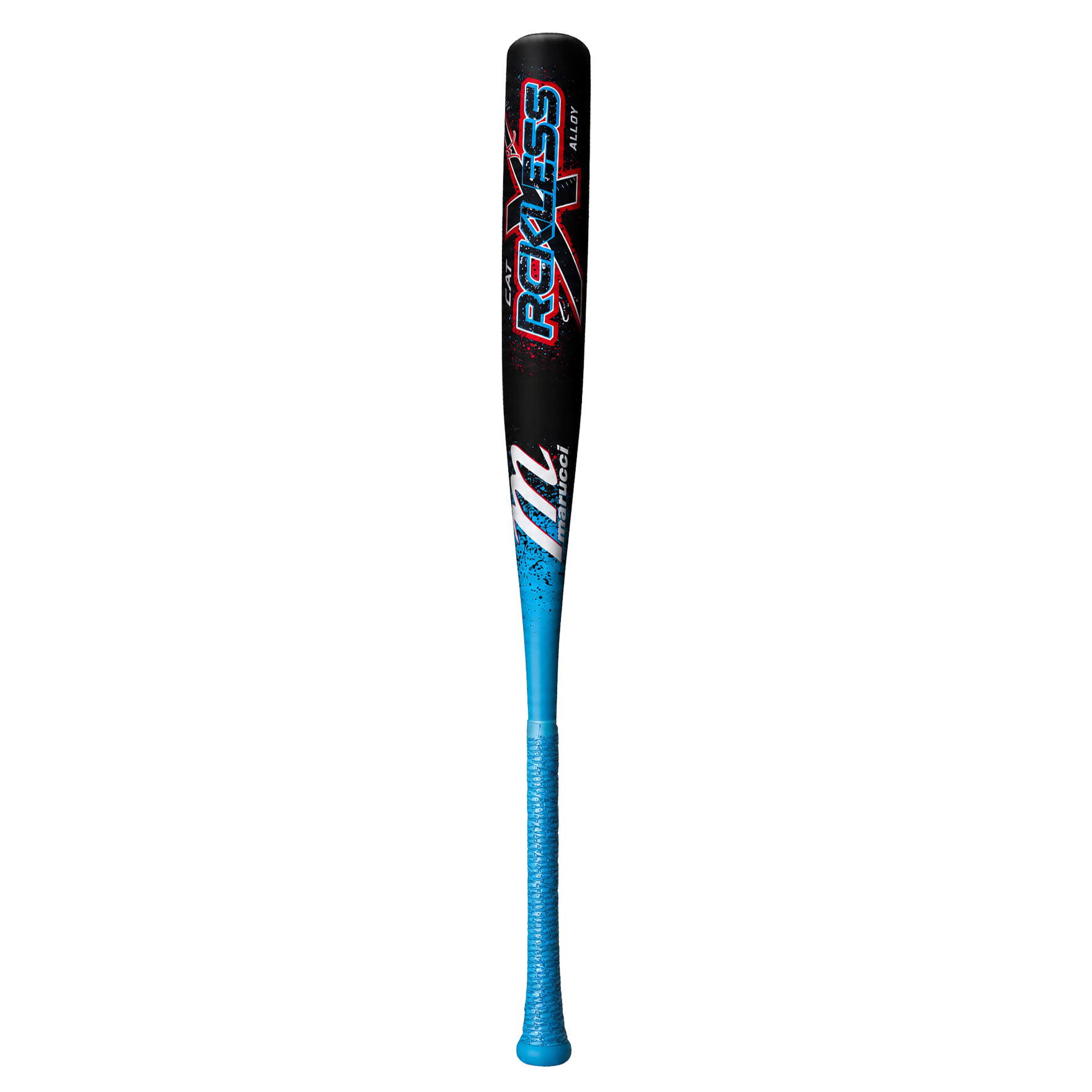 Black and blue Marucci RCKLESS Alloy baseball bat with a blue grip.