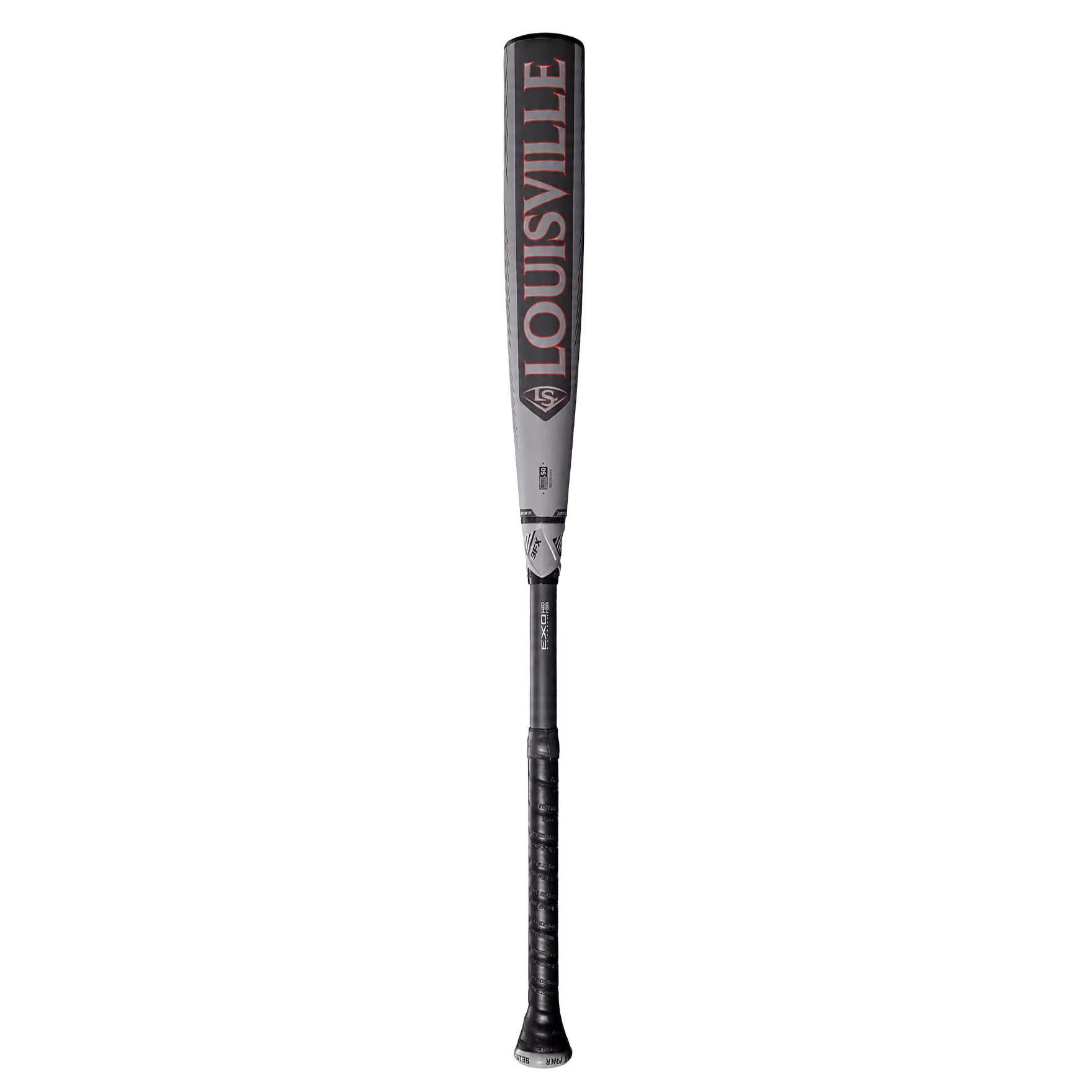 Full view of a Louisville baseball bat with black and gray design and a black grip handle.