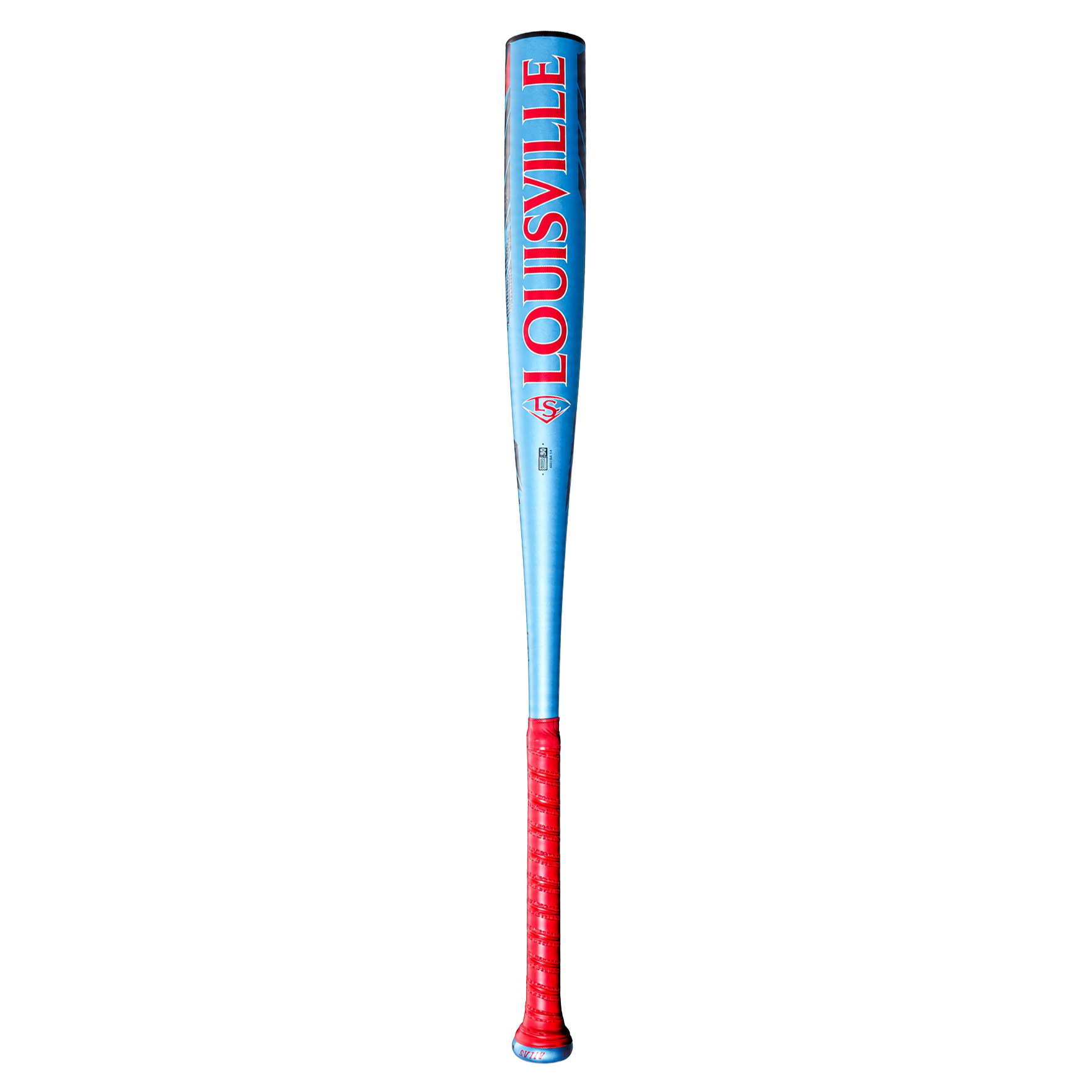 Blue Louisville baseball bat with red grip and red text on the barrel.