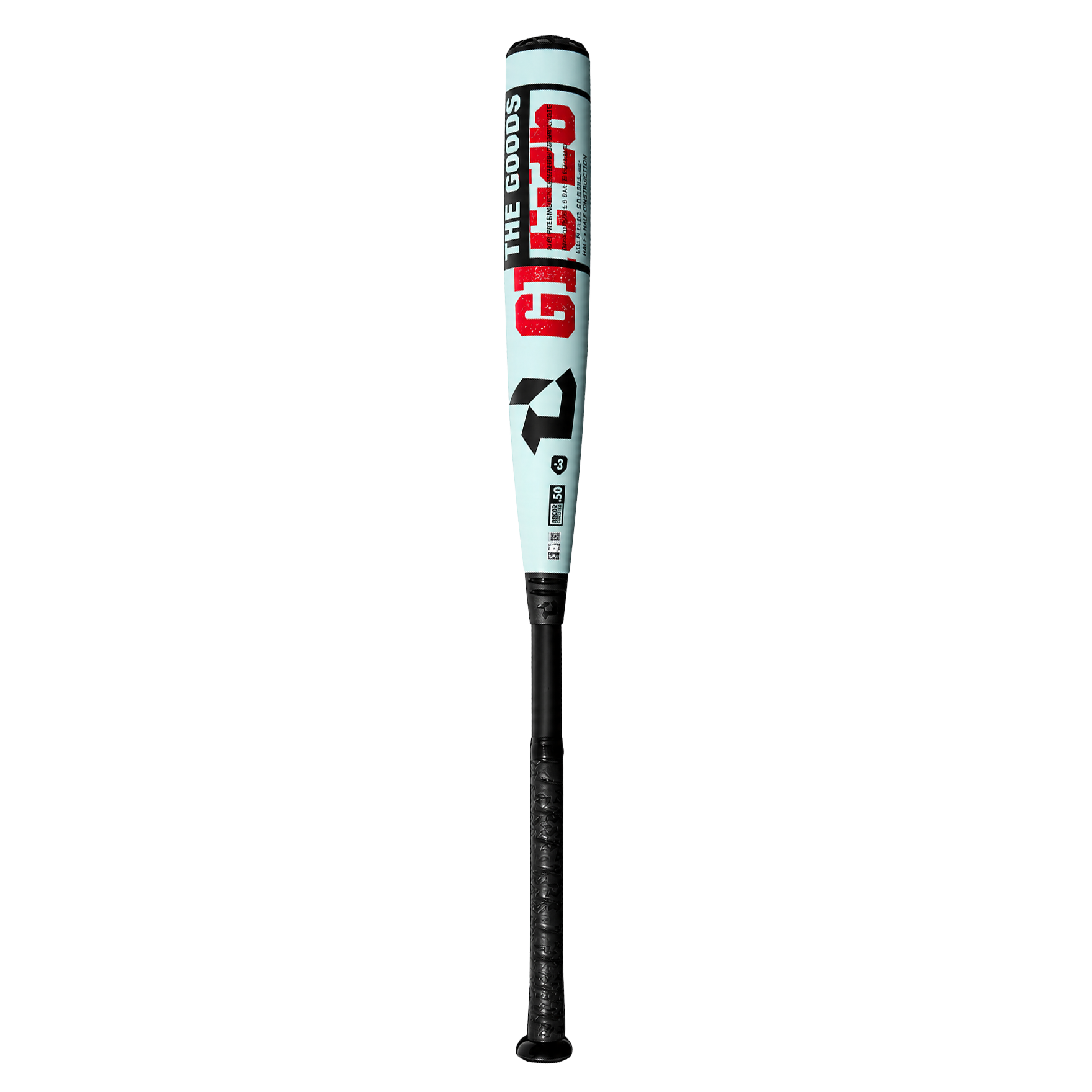 Light blue and black baseball bat with the words THE GOODS and GLTD in red and black lettering.