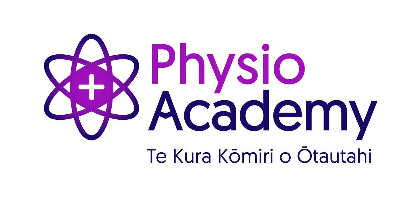 Physio Academy logo with a purple and dark blue atom-like symbol containing a white medical cross and the text 'Physio Academy Te Kura Kōmiri o Ōtautahi'.