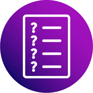 White icon of a sheet with four question marks and lines on a purple circular gradient background.