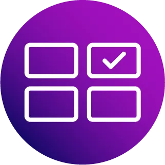 Four white outlined rectangles arranged in a grid with the top-right rectangle containing a checkmark inside a purple circular background.