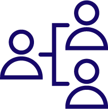 Icon showing one person connected by lines to two other people, representing a manager and team.