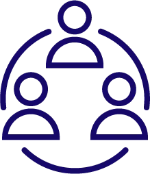Icon of three abstract human figures connected in a circular arrangement representing community or team.