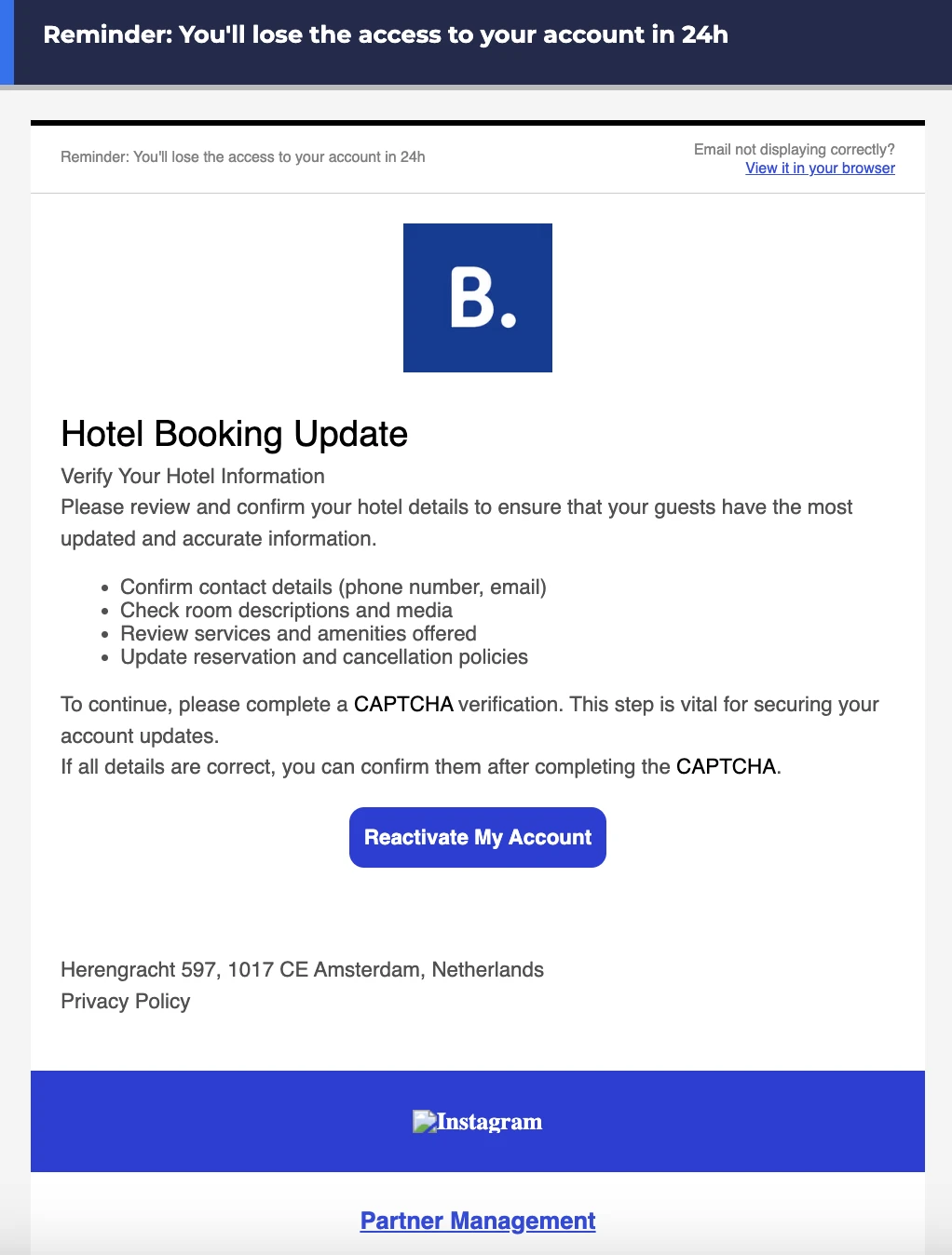 Hotel cybersecurity threat - Phishing email impersonating Booking.com