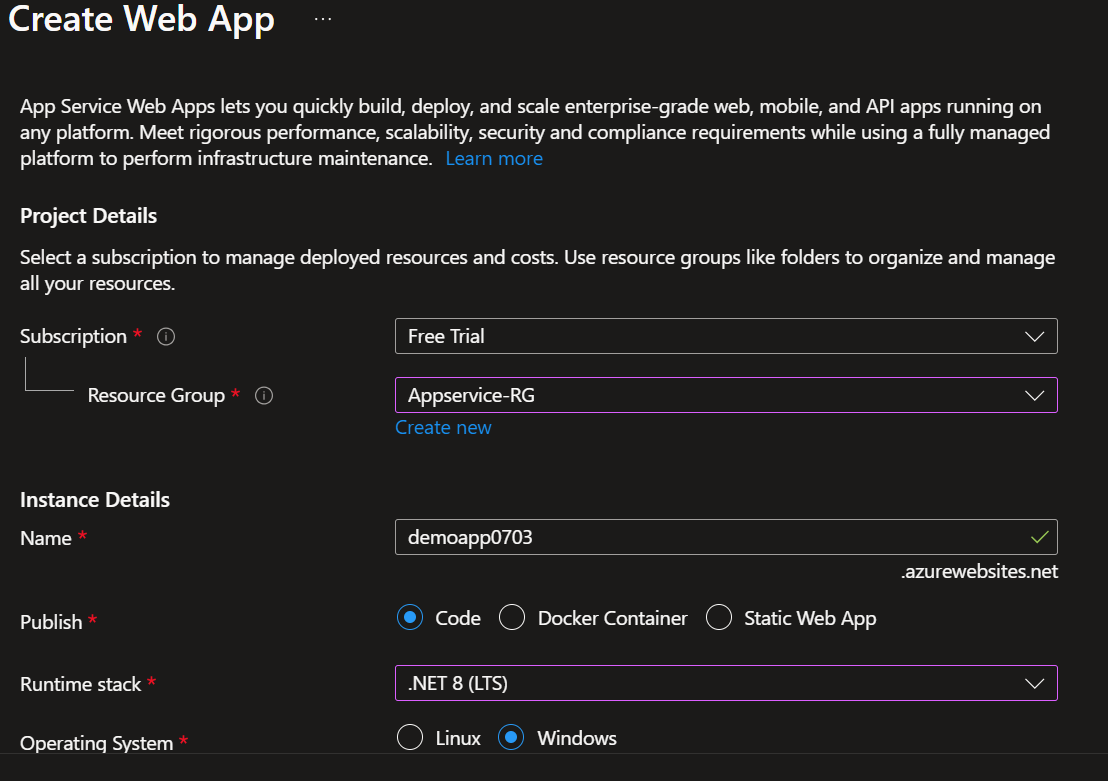 Azure create web app