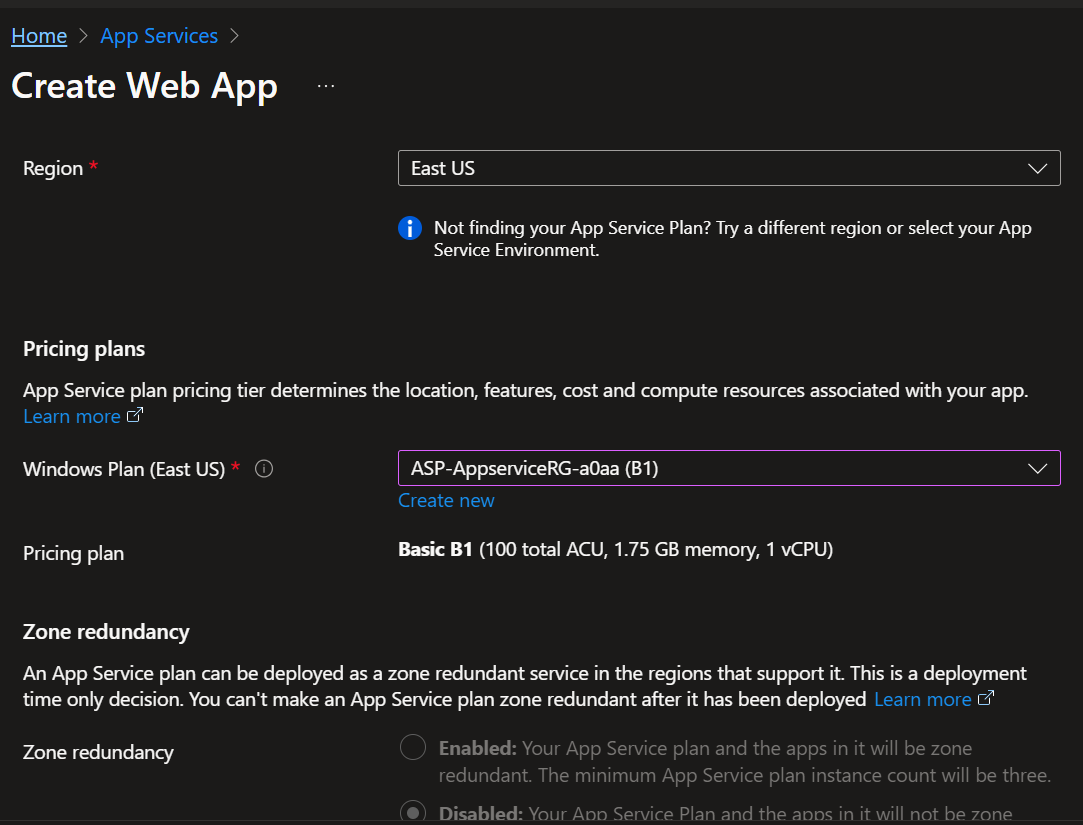 Azure web app region