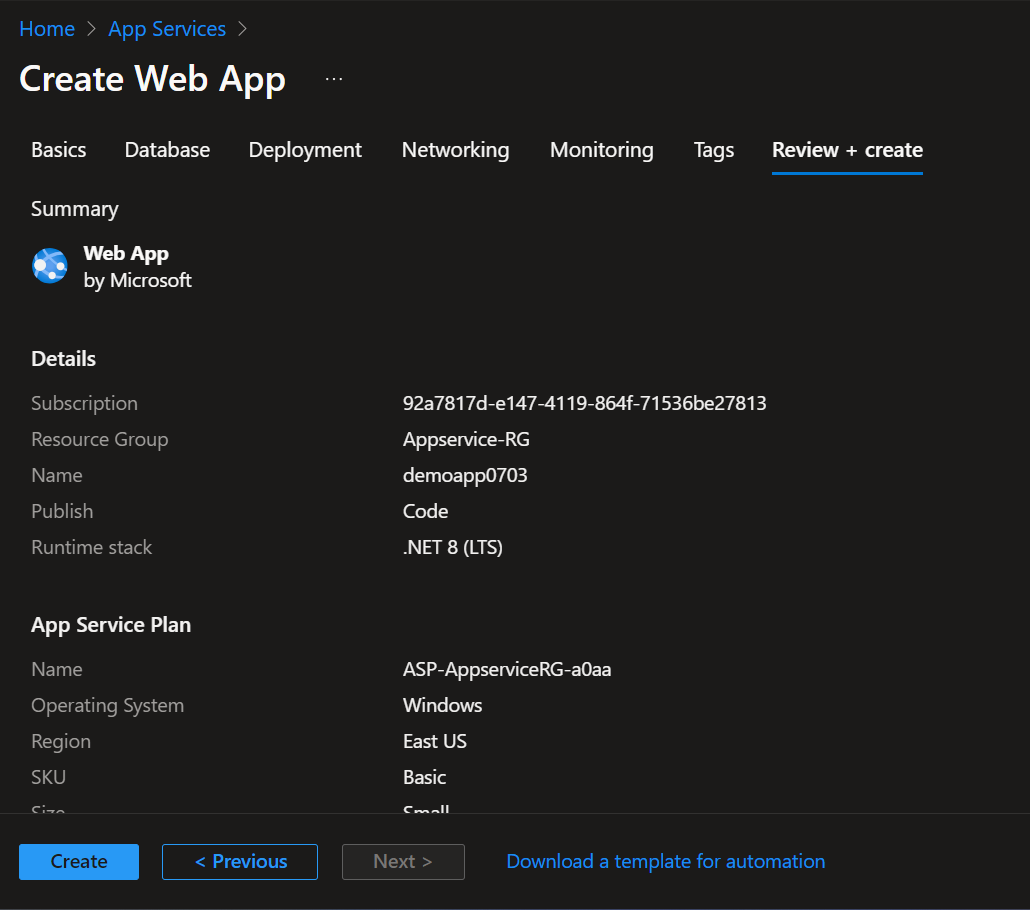 Azure web app review+create