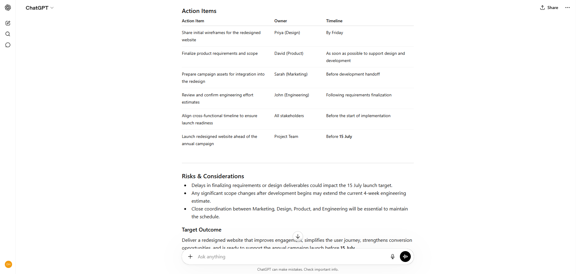 Screenshot of ChatGPT displaying a Website Redesign Kickoff meeting summary with action items, owners, timelines, project risks, and a target launch date before 15 July.