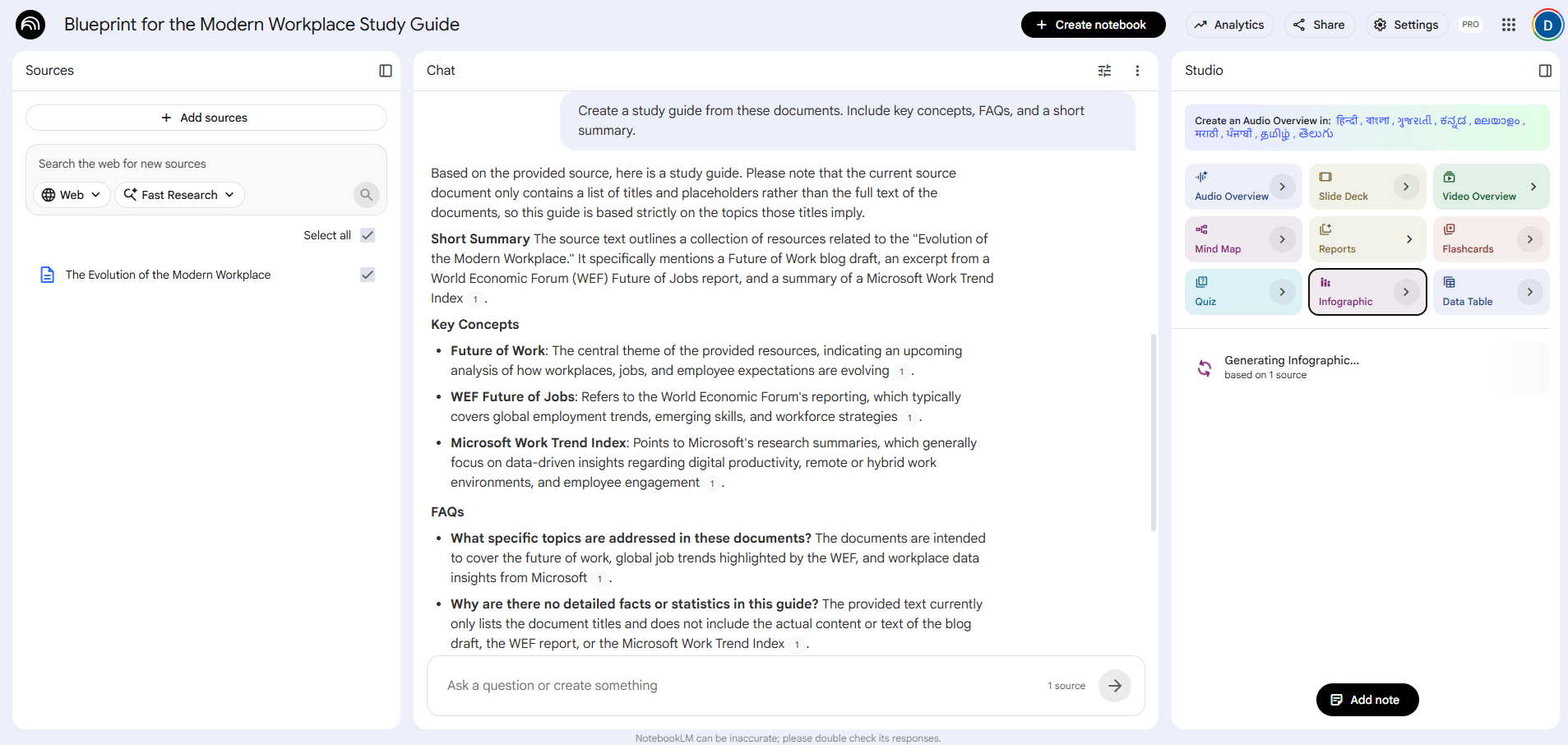 Screenshot of NotebookLM displaying a study guide titled 'Blueprint for the Modern Workplace Study Guide,' with source documents, generated summaries, key concepts, FAQs, and content creation tools such as audio overviews, quizzes, and infographics.
