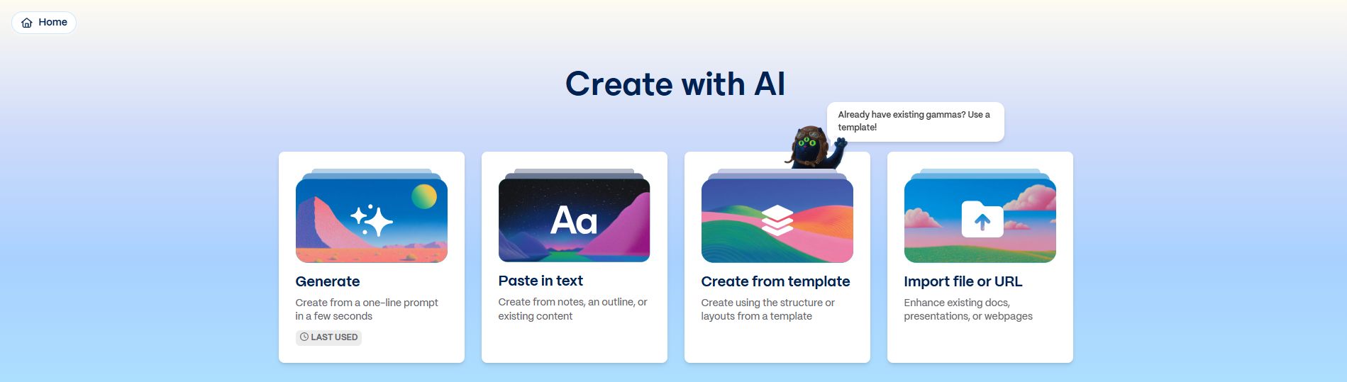 Screenshot of Gamma AI's 'Create with AI' page showing options to generate content from a prompt, paste text, create from a template, or import a file or URL.