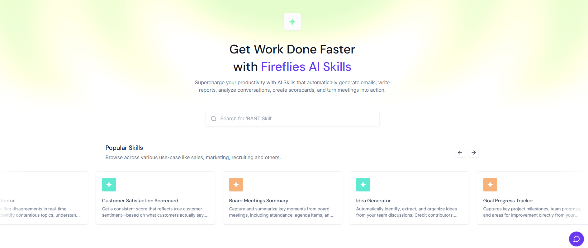 Screenshot of Fireflies AI Skills showcasing AI-powered productivity tools, including customer satisfaction scorecards, board meeting summaries, idea generation, and goal progress tracking.