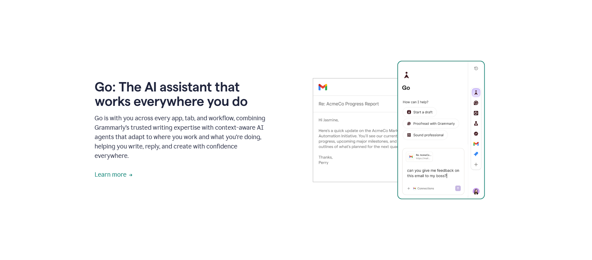 Screenshot of Grammarly Go introducing its AI assistant, featuring tools to draft emails, proofread writing, adjust tone, and provide writing assistance directly within workflows.