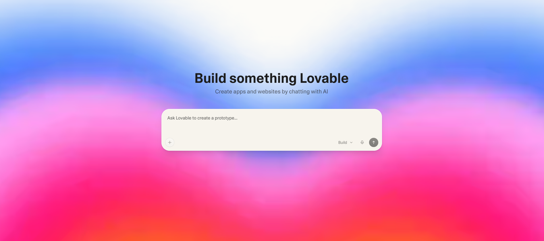 Screenshot of Lovable's AI-powered interface with the message 'Build something Lovable' and a prompt field inviting users to create app and website prototypes through chat.