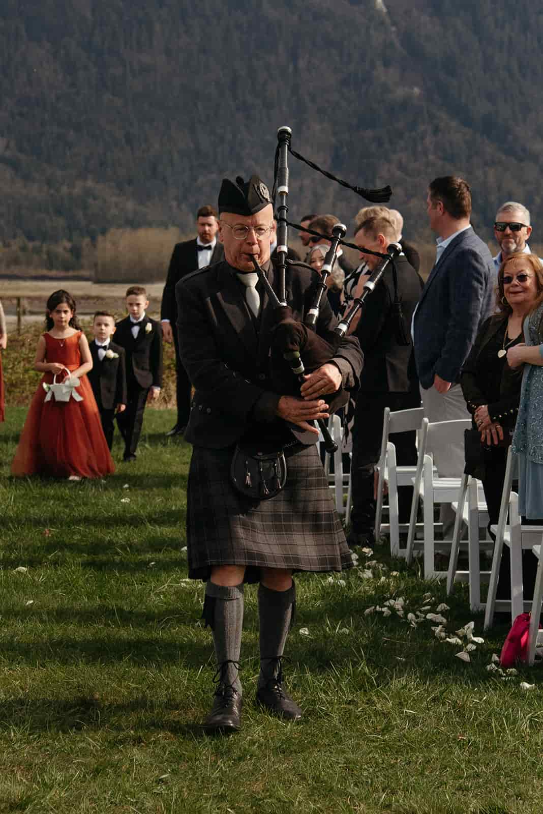 A bagpipe player at the Fraser River Lodge in Harrison