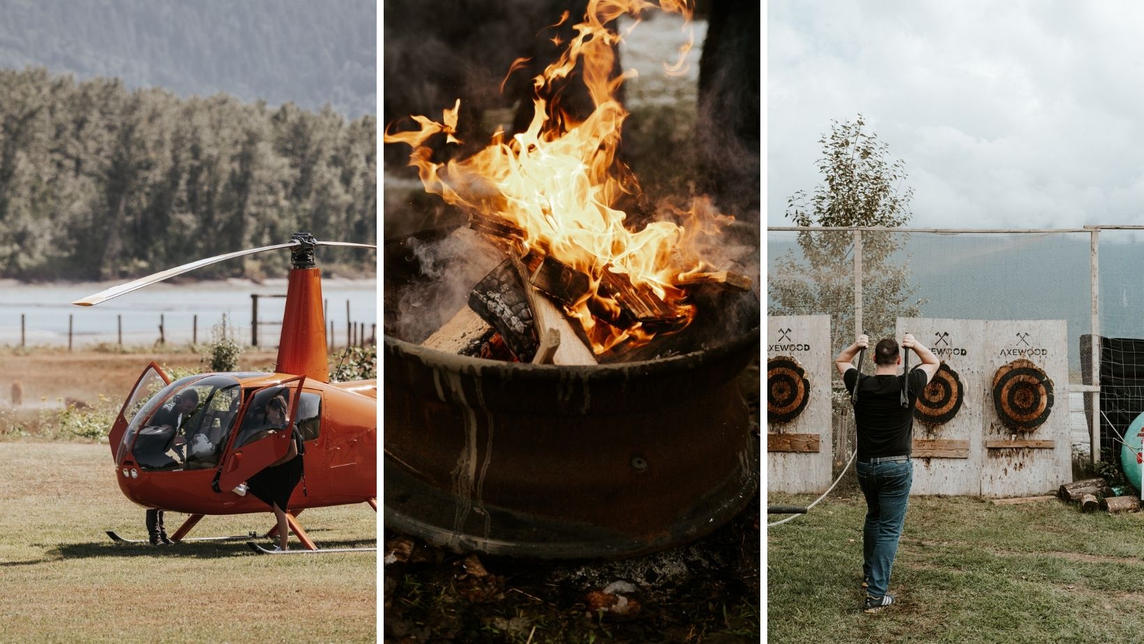 A helicopter, camp fire and a man throwing axe