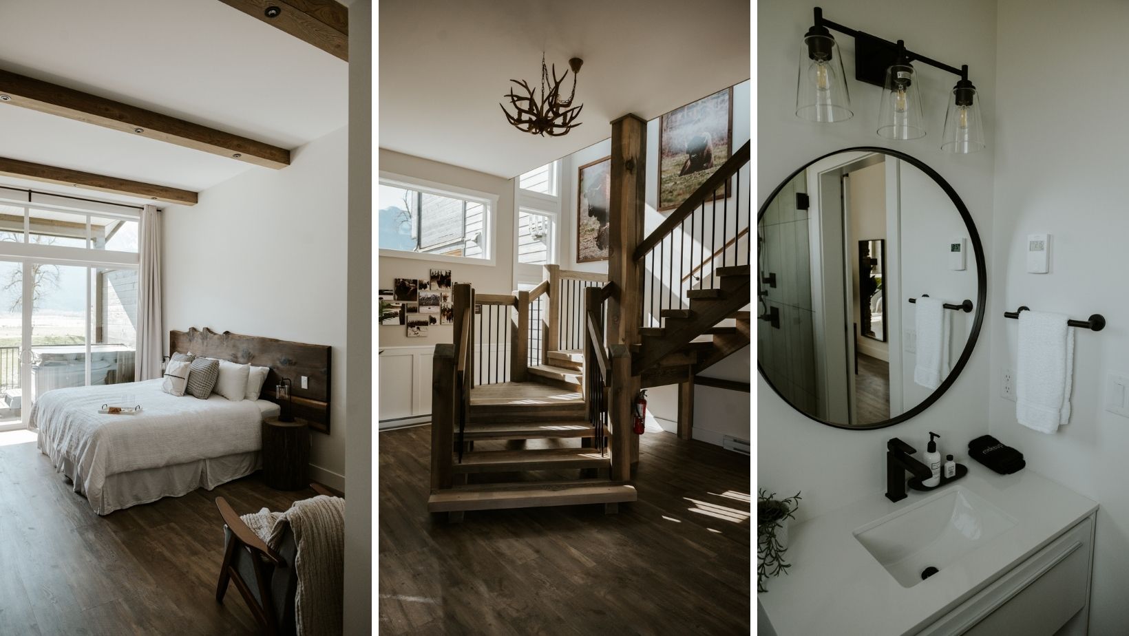 A luxury suite with a grand staircase, bedroom and gorgeous bathroom