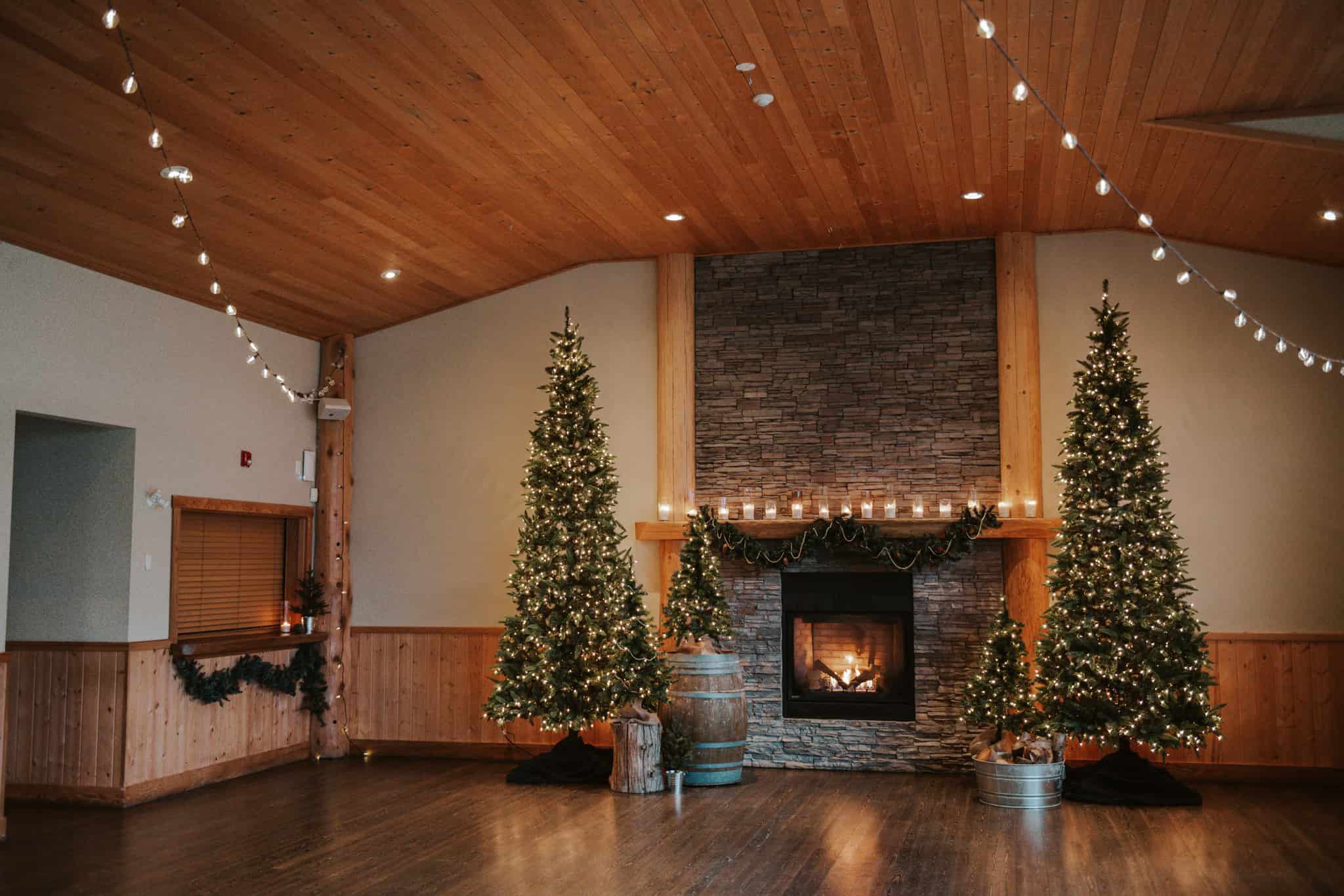 Corporate Christmas party venue decorated for the holidays