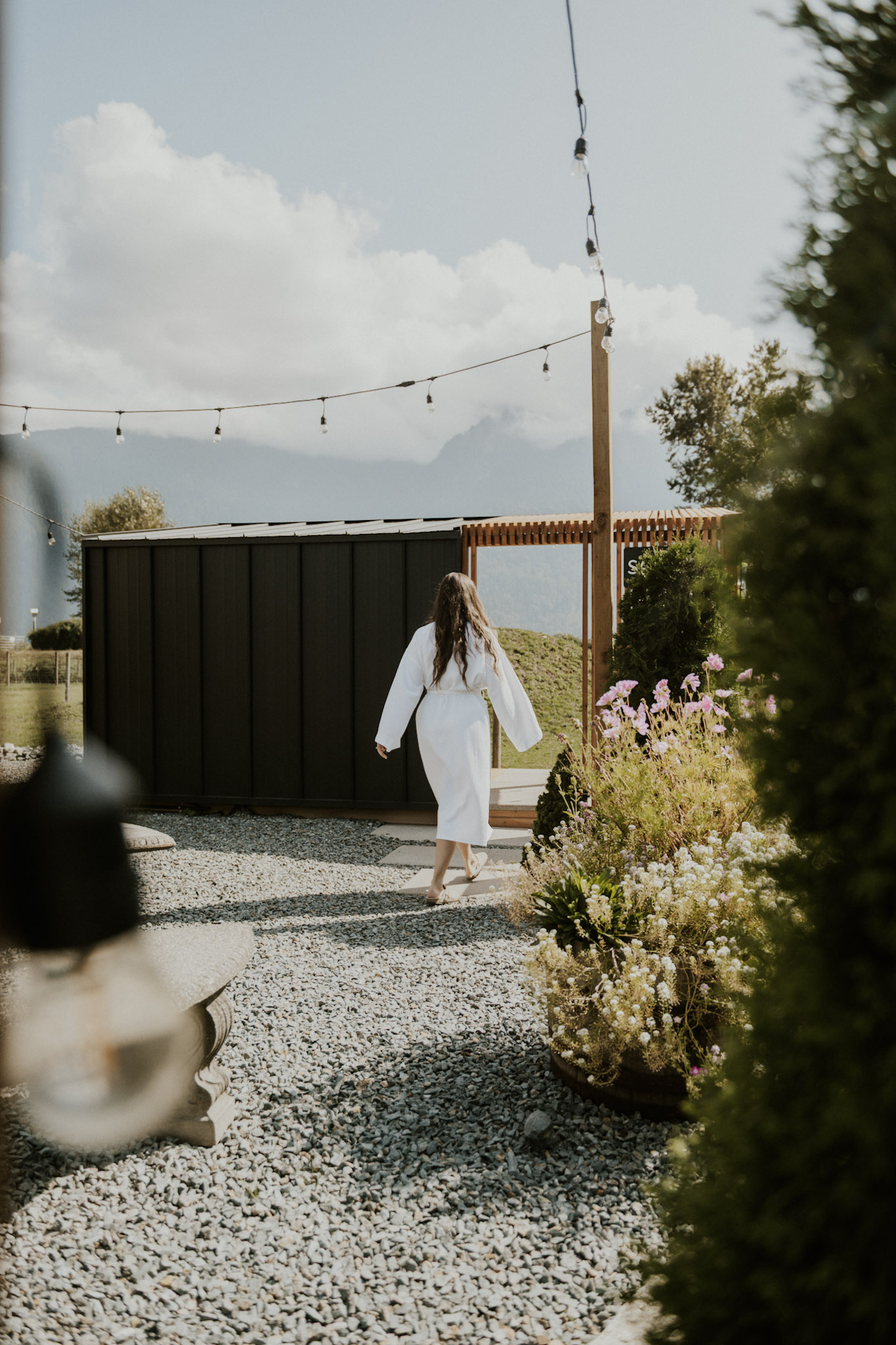 A woman using the sauna at the Fraser River Lodge