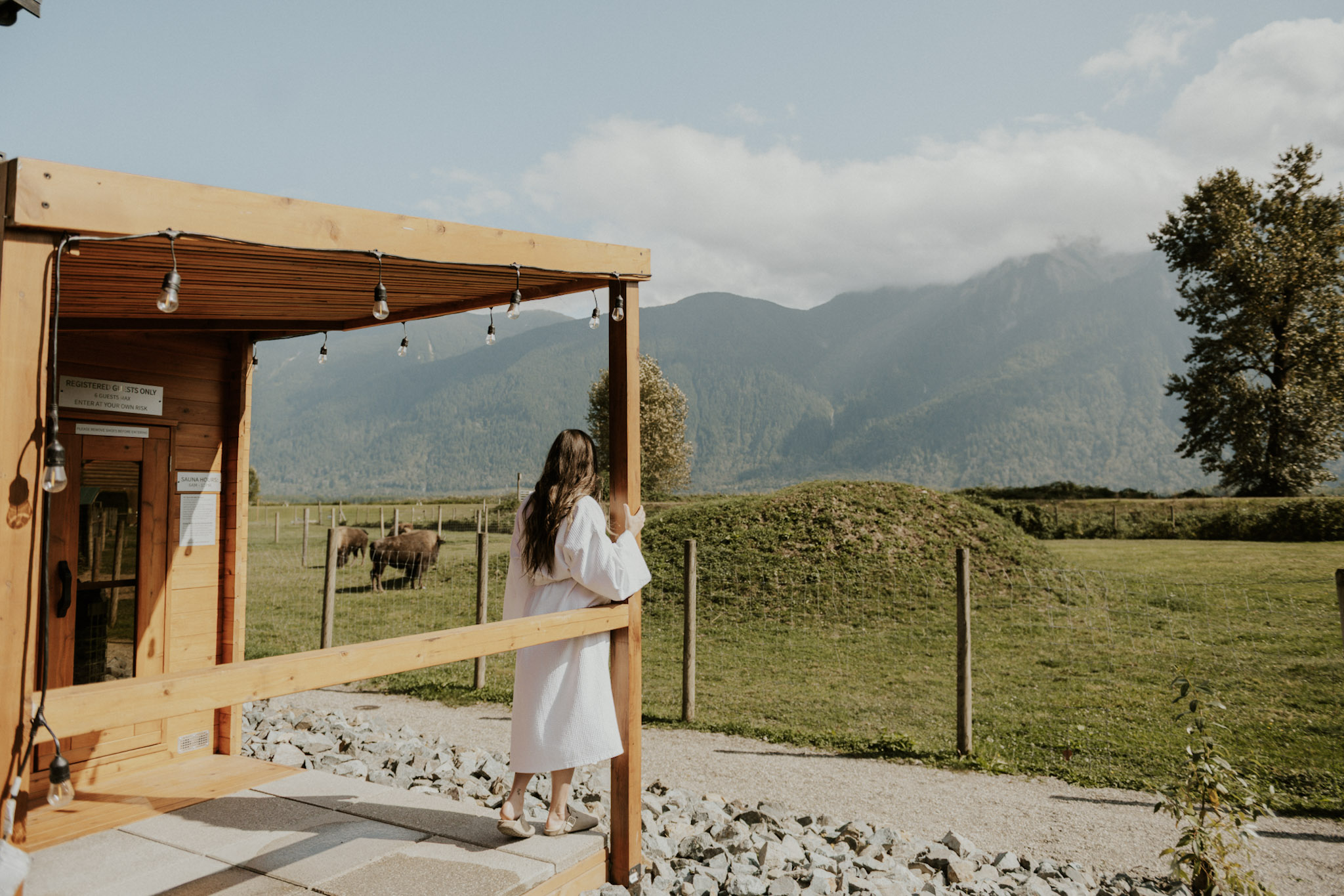 A woman using the sauna at the Fraser River Lodge