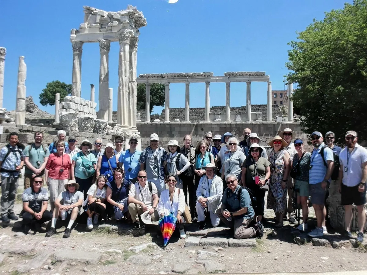 An Enjoy Tours church group at the Temple of Trajan in Pergamum