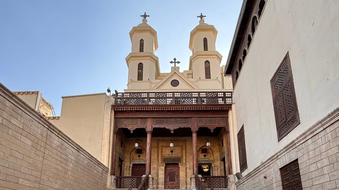 The Hanging Church in Old Cairo, its twin towers above the entrance stair.