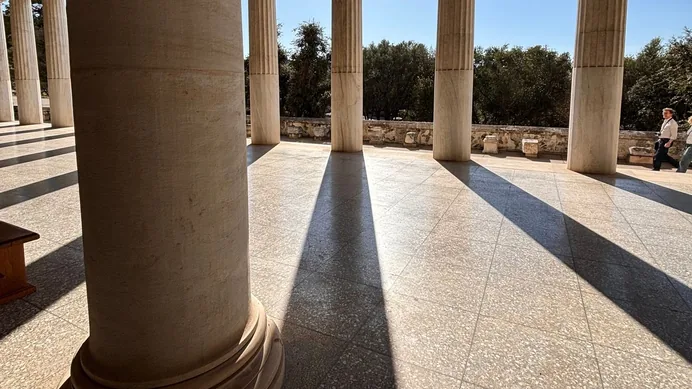 The colonnade of the Stoa of Attalos in the Athenian Agora, where Paul reasoned daily.
