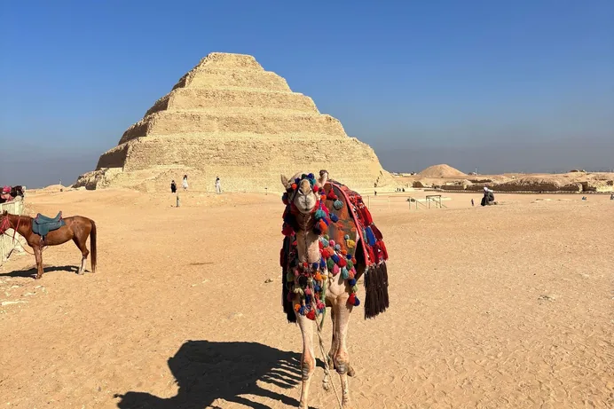 The Step Pyramid of Djoser at Saqqara, with a camel resting in front.